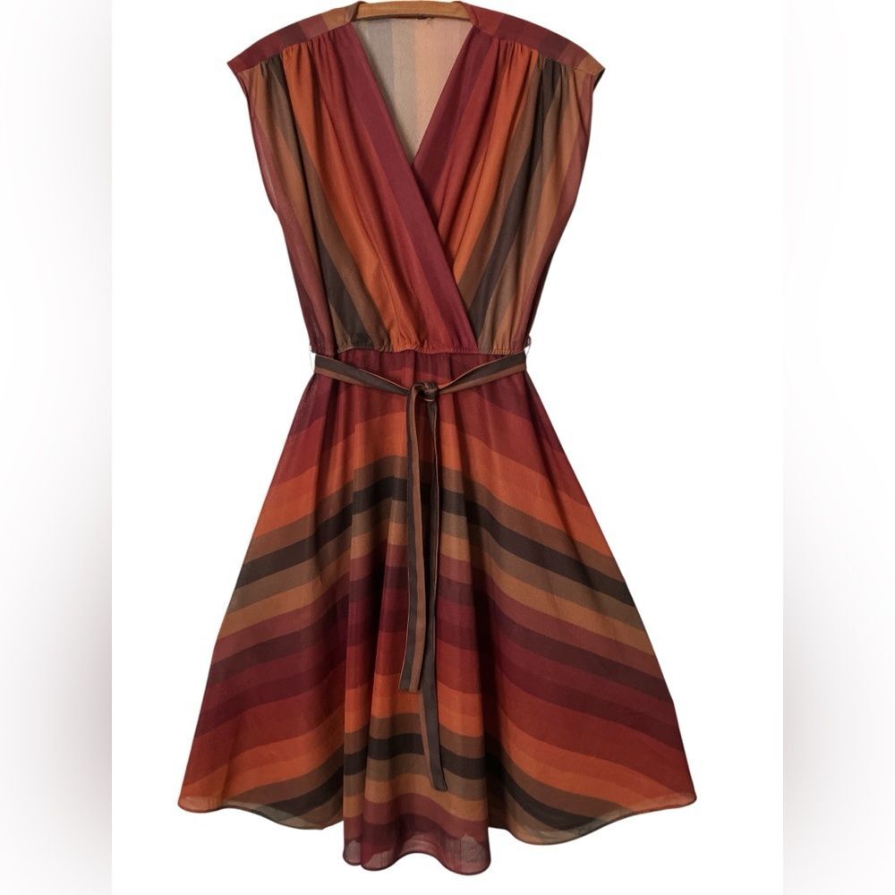 Vintage A Line Dress Size S 60s 70s Fall Autumn Stripes Sunset V Neck Sheer